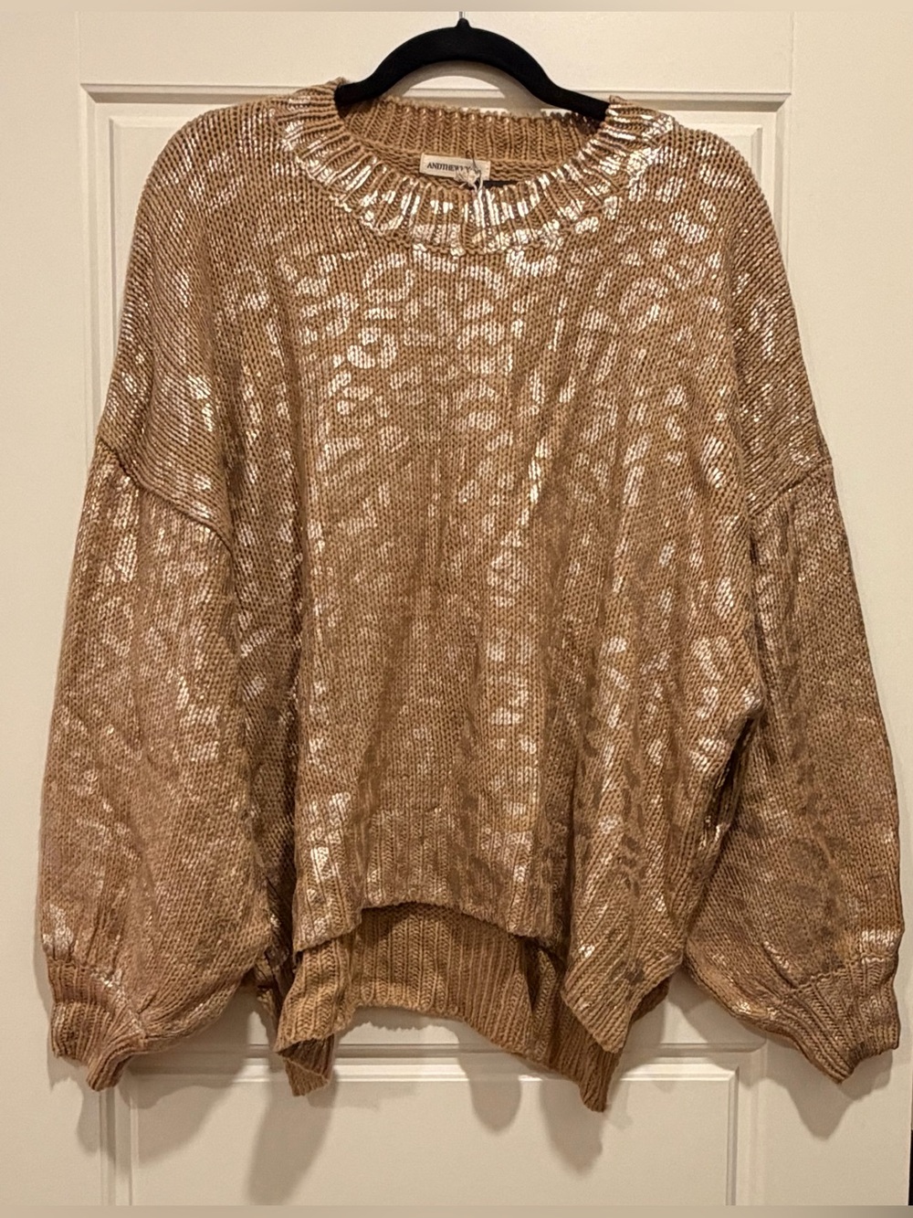 Anthropologie Metallic Leopard-Print Scoop Neck Sweater - Beige